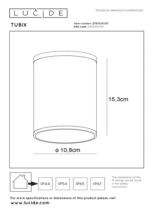 Lucide TUBIX - Spot plafond Intérieur/Extérieur - Ø 10,8 cm - 1xE27 - IP54 - Blanc - technique